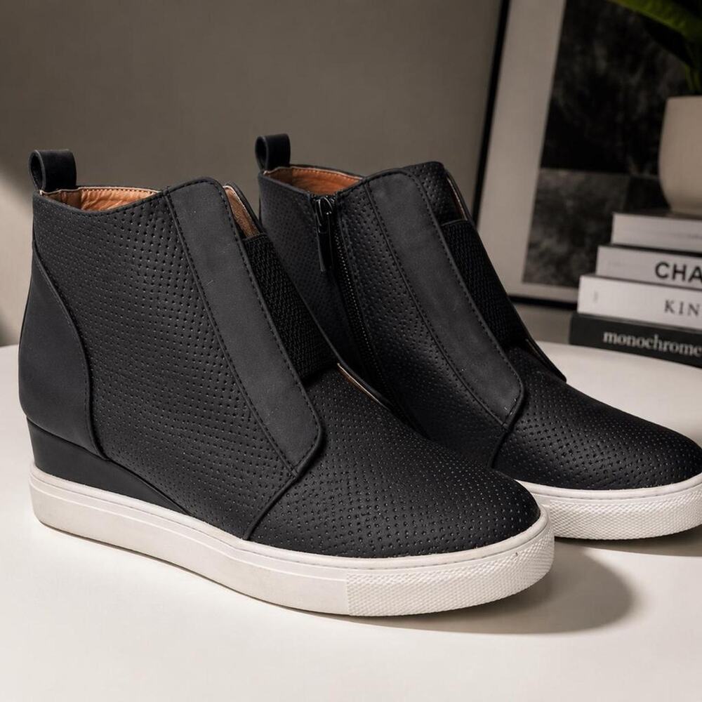 Jolimall Black Perforated Hidden Wedge Sneaker Booties Side Zip Shoes Sz 10